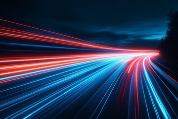 Poster - Abstract Night Road with Red and Blue Light Trails