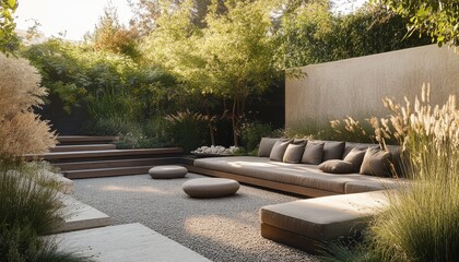 Aufkleber - Tranquil garden retreat with wooden deck and lush greenery in a serene outdoor setting at midday