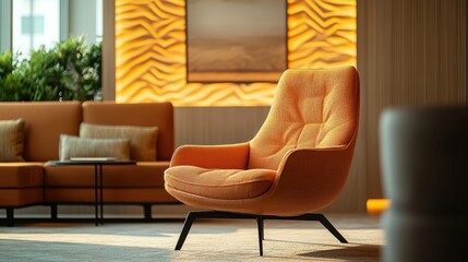 Poster - Cozy modern lounge featuring an orange chair and warm wooden accents in a well-lit interior space
