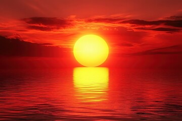 Fototapete - Vibrant sunset over calm ocean waters, casting a warm golden glow and colorful reflections on the surface at dusk