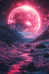 Wall Mural - pink alien planet landscape with glowing moon and rocky terrain. extraterrestrial world concept for 