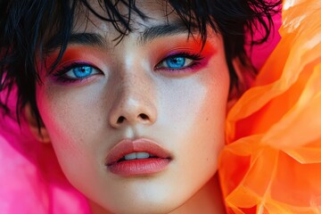 Aufkleber - Vibrant makeup portrait of a model showcasing bold colors and striking features against a colorful backdrop in a studio setting