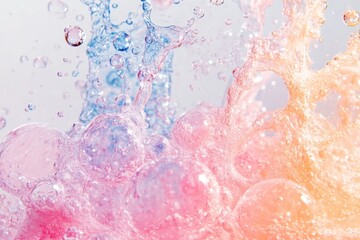 Poster - Bright splash of water droplets against a vibrant orange and pink background creating a lively and energizing atmosphere during a summer day outdoors