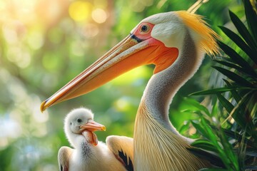 Aufkleber - Pelican family in a tropical environment at sunset, showcasing adult and chick together in lush greenery, highlighting the bond between them