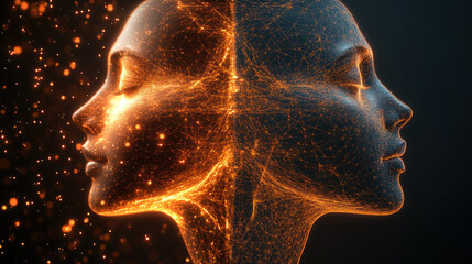 Poster - Two faces are shown in a computer generated image, one of which is glowing orange. Concept of duality and contrast, as the two faces are almost identical but one is illuminated while the other is not