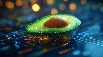 Poster - glowing green avocado half on futuristic digital circuit board technology abstract background vibran