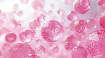 Poster - Pink bubbles in the air with a pink background. The bubbles are small and scattered throughout the image. Scene is light and playful, with the pink color and the bubbles creating a sense of whimsy