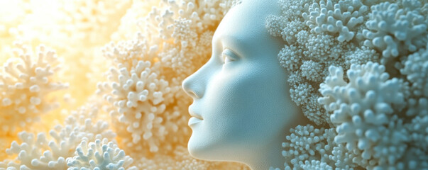 Poster - A woman's face is surrounded by a field of white coral. The coral is in various sizes and shapes, creating a sense of depth and texture. The woman's face is the focal point of the image