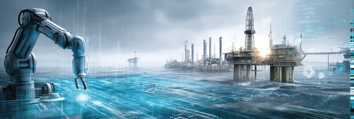 Aufkleber - AI Robot Conducts Inspection on Oil Rig With Advanced Digital Holograms in a Marine Environment