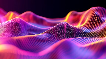 Poster - Abstract Pink Purple Orange Digital Wave Background Modern Futuristic Technology Network Data Visualization Design Illustration Graphic Art Elegant Smooth Lines Vibrant Colors High Resolution 3D Mesh 
