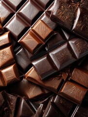 Poster - Delicious Macro View of Shiny Chocolate Bar Squares Featuring Rich Textures and Tempting Hues