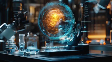 Poster - Advanced Science Laboratory Microscope Futuristic Technology Digital Hologram Research Innovation Modern Equipment Medical Science Experiment Microscopy Analysis Laboratory Glassware Technology       