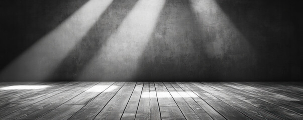 Poster - A dark room with a wooden floor and a wall with a light shining on it. The room is empty and has a feeling of emptiness and loneliness