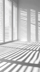 Poster - A room with white walls and white blinds. The room is empty and the blinds are open, letting in a lot of light. The room is very bright and airy