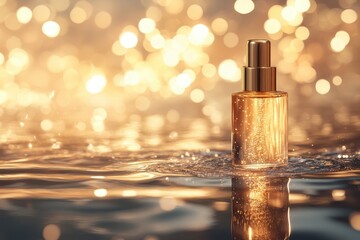 Poster - Golden bottle of perfume surrounded by shimmering water droplets at sunset, creating a magical atmosphere of elegance and luxury
