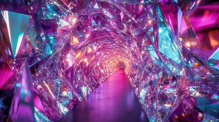 Poster - Abstract Crystal Tunnel Purple Pink Blue Neon Glowing Light Vibrant Colors Reflective Surface Futuristic Design Modern Art Digital Illustration Fantasy Background Shiny Gemstones Iridescent Sparkling 