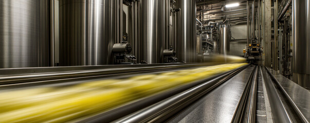 Poster - A conveyor belt with yellow stripes is moving a product. Concept of motion and efficiency