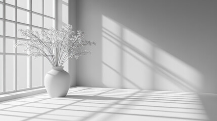 Poster - A white vase with a plant in it sits in a room with a large window. The room is very clean and empty, with no furniture or decorations