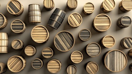 Fototapete - Geometric Arrangement of Wooden Barrels Creating a Striking Visual Pattern on a Neutral Background