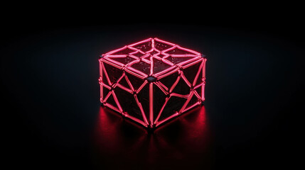 Fototapete - Modern Neon Cube Structure with Intricate Pattern on Dark Background for Abstract Concept