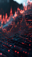 Poster - A computer generated image of a cityscape with buildings and a mountain range in the background. The buildings are made up of small dots and the mountain range is also made up of dots