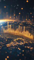 Poster - A cityscape with a glowing yellow background. The city is lit up with bright lights, creating a sense of energy and excitement. The image is a representation of the hustle and bustle of urban life
