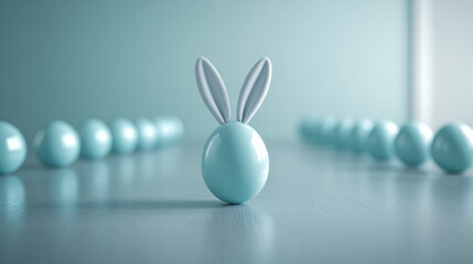 Poster - A blue ball with a rabbit's ears on it is the only object in the image. The blue ball is surrounded by many other blue balls, creating a sense of depth and perspective. The image conveys a playful