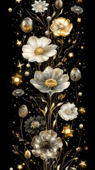 Poster - A gold and silver flower arrangement with a black background. The flowers are surrounded by glitter and stars, giving the impression of a magical and ethereal scene