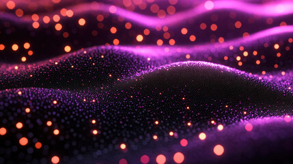 Poster - The image is a colorful and dynamic representation of a wave, with a purple and black background and a multitude of red dots scattered throughout. The dots create a sense of movement and energy