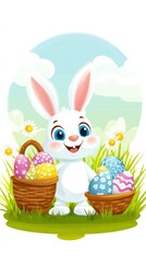 Poster - A cartoon rabbit is holding a basket of Easter eggs. The bunny is smiling and he is happy. The basket is filled with a variety of eggs, including some that are larger and some that are smaller