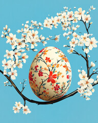 Poster - A white egg with flowers painted on it is sitting on a branch of a tree. The image has a serene and peaceful mood, with the egg and flowers creating a sense of harmony and balance