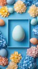 Poster - A blue frame with a blue background and a white egg in the middle. The background is filled with flowers in various colors