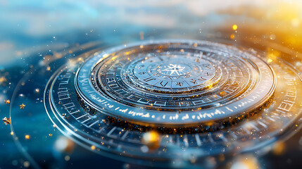 Poster - Mystical circular compass design with glowing elements digital realm 3d art futuristic aesthetic viewpoint