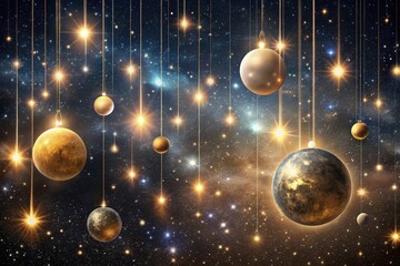 Wall Mural - Celestial Ornaments A Cosmic Tapestry of Golden Planets Hanging in a Starry Night Sky