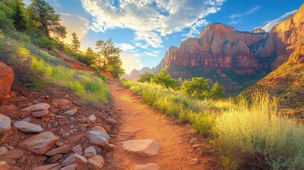 Poster - Scenic nature trail along the riverbank with lush greenery and clear blue skies on a sunny day in late spring