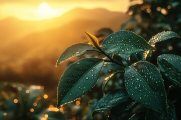 Aufkleber - Morning sunlight illuminates dewy leaves in a serene landscape with mountains in the background and a golden glow at dawn