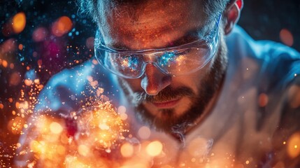 Poster - Technician focusing intently on sparks during a metalworking process in a workshop