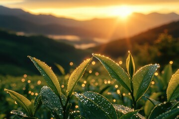 Aufkleber - Morning sunlight illuminates dewy leaves in a serene landscape with mountains in the background and a golden glow at dawn