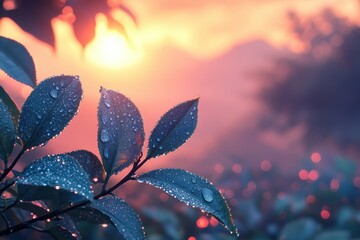 Aufkleber - morning sunlight illuminates dewy leaves in a serene landscape with mountains in the background and 