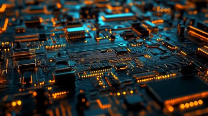 Poster - Abstract Circuit Board Technology Background Digital Art Orange Glowing Lines Detailed Futuristic High Tech Electronic Microchip Design Modern Innovation Network Pattern Complex System Powerful       
