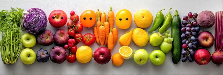 Aufkleber - Colorful Fruits and Vegetables Arranged as a Smiling Face on a Bright Surface Promoting Nutrition and Healthy Eating Habits