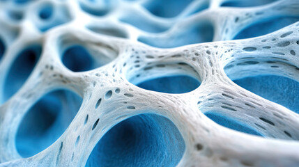 Poster - The image is a close up of a blue and white object with many holes. The holes are scattered throughout the object, creating a sense of depth and texture. Scene is one of curiosity and intrigue