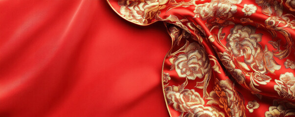 Poster - A red and gold fabric with gold flowers on it. The fabric is made of a soft, plush material and has a luxurious feel to it. The flowers are arranged in a way that creates a sense of movement and flow