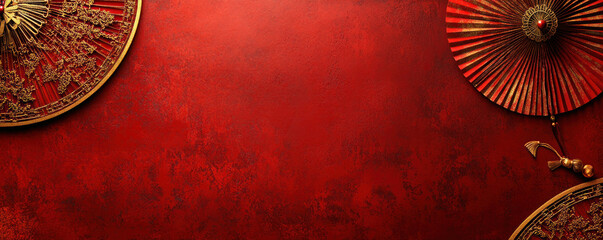 Poster - A red background with two red umbrellas on it. The umbrellas are gold and silver