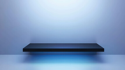 Poster - Minimalist Display Shelf with Soft Blue Background and Subtle Lighting Effects