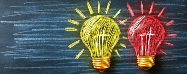Poster - Two light bulbs are drawn on a chalkboard. The light bulbs are yellow and red. Concept of creativity and innovation