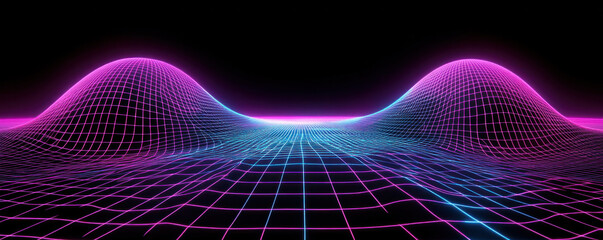 Poster - A colorful, futuristic landscape with a black foreground. The background is a gradient of purple and blue, creating a sense of depth and movement. The foreground is black