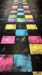 Poster - A colorful checkerboard pattern is painted on the floor. The squares are in different colors, and the pattern is arranged in a line