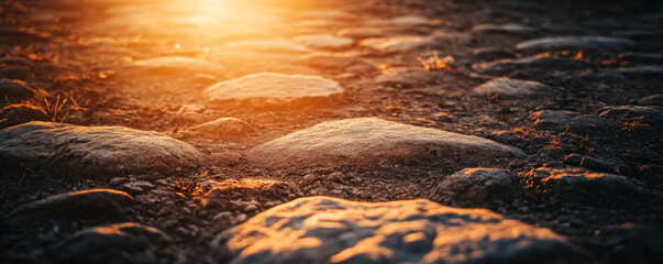 Poster - A rocky area with a sun shining on it. The sun is casting shadows on the rocks. The scene is peaceful and serene