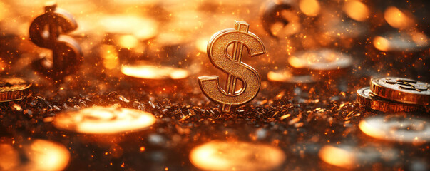 Poster - A pile of gold coins with a dollar sign in the middle. The dollar sign is surrounded by the coins, and the coins are scattered around it. Concept of wealth and abundance, as well as the value of money